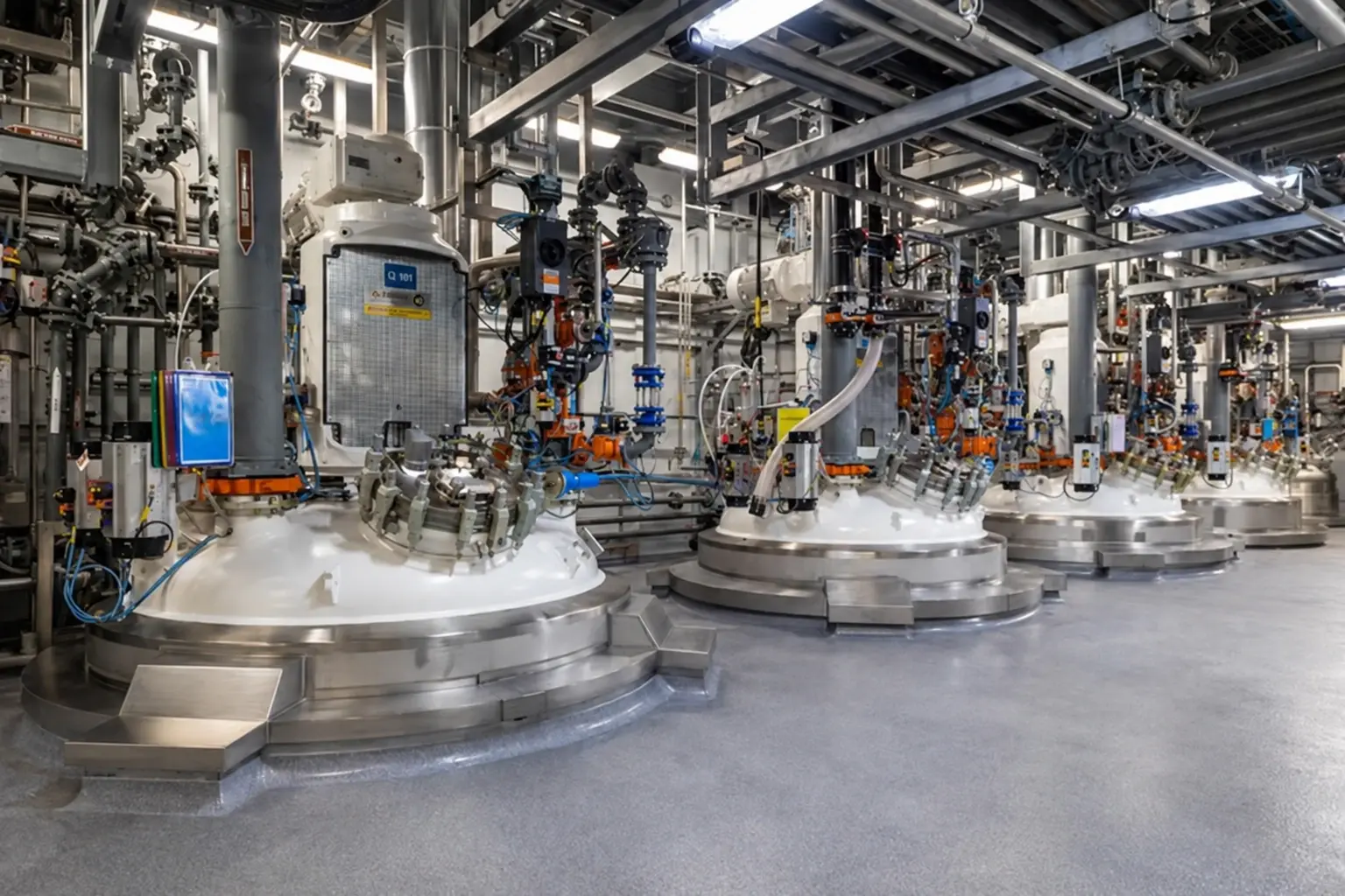 Stainless-steel industrial process tanks with integrated piping and instrumentation for gas monitoring and process control.