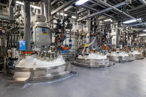 Roestvrijstalen industri&euml;le procestanks met ge&iuml;ntegreerde leidingen en instrumentatie voor gasmetingen en procescontrole.