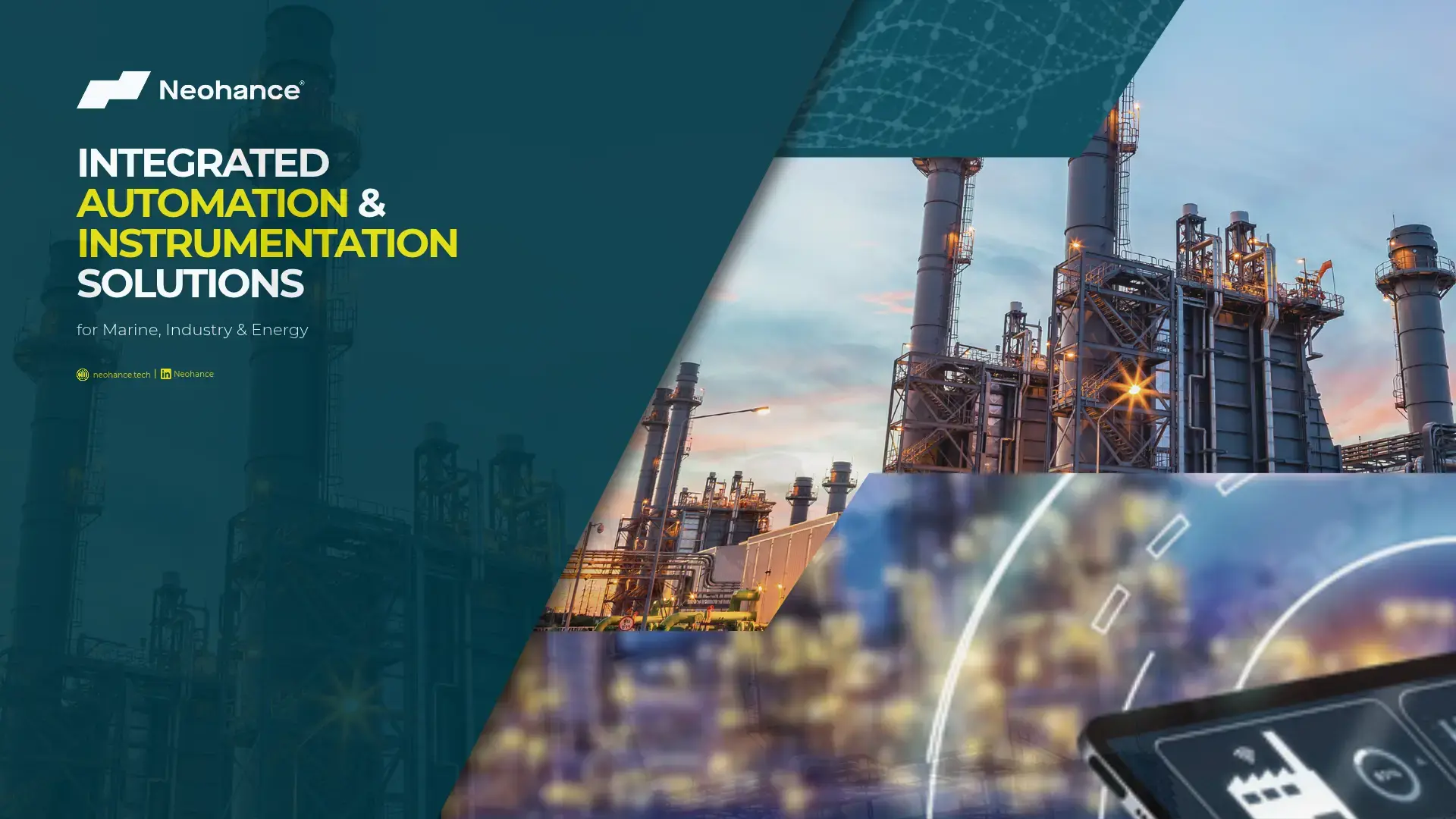 Neohance Integrated Automation & Instrumentation Solutions brochure cover featuring an industrial processing facility, advanced monitoring technology, and automation systems for the marine, industrial, and energy sectors.
