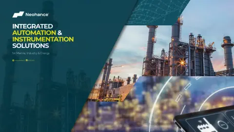 Omslag van de Neohance-brochure over ge&iuml;ntegreerde automatiserings- en instrumentatieoplossingen, met een industri&euml;le installatie, geavanceerde monitoringtechnologie en automatiseringssystemen voor de maritieme, industri&euml;le en energiesector.