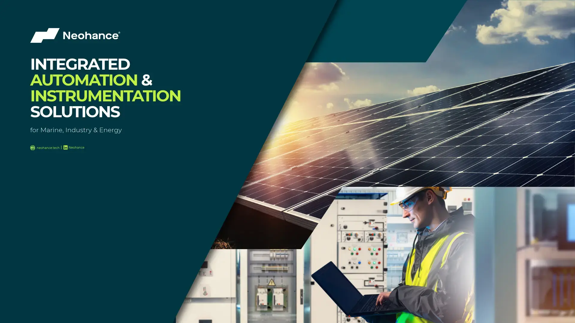 Neohance banner showcasing integrated automation and instrumentation solutions for Marine, Industry, and Energy, featuring solar panels, industrial control systems, and an engineer working on a laptop.