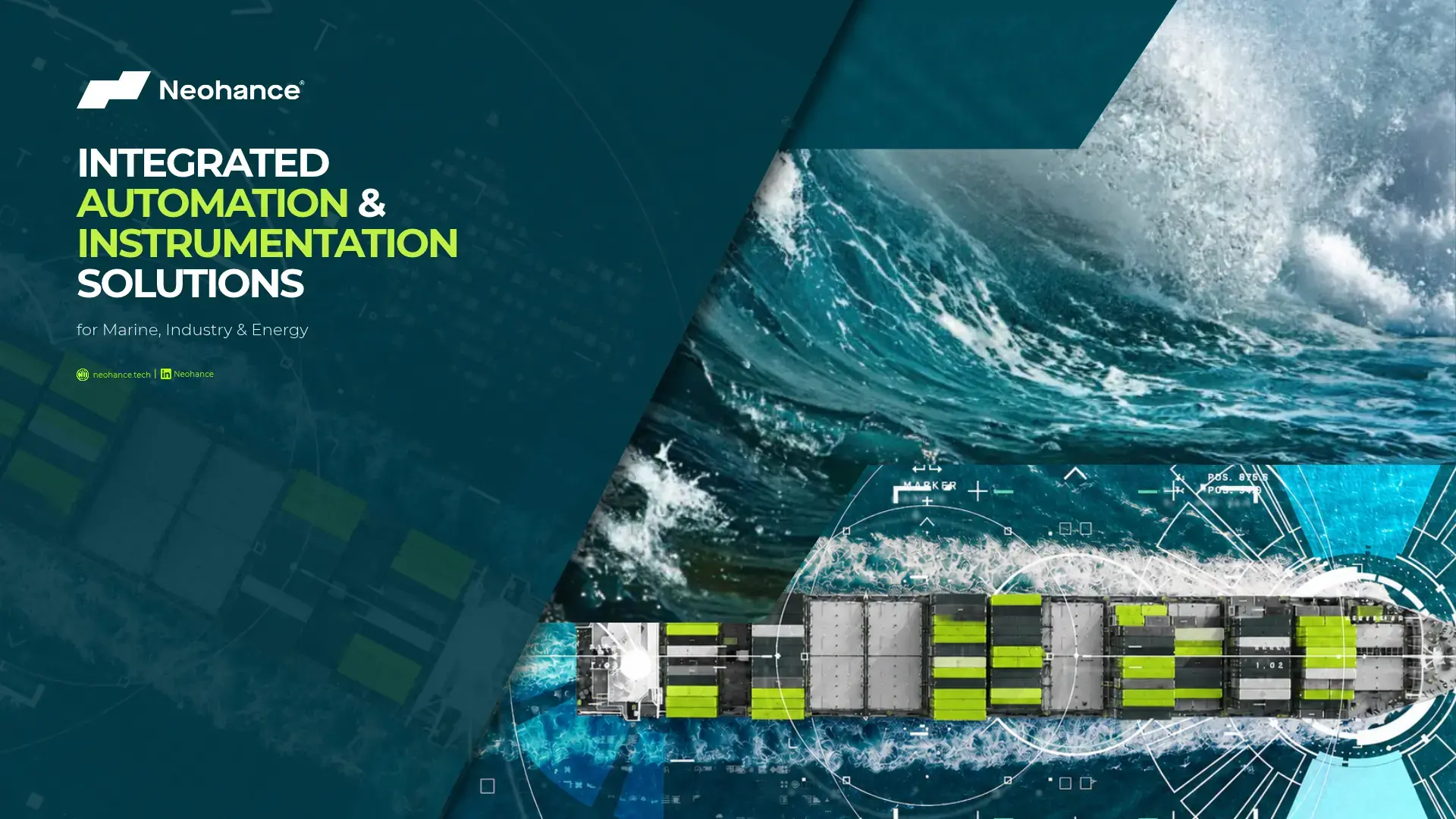 Neohance marine automation and instrumentation solutions banner featuring a cargo ship viewed from above, ocean waves, and digital navigation and monitoring graphics.
