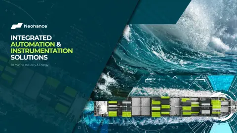 Neohance marine expertise visual featuring ocean waves, a cargo vessel and digital automation graphics representing safer, smarter and more reliable vessel operations.